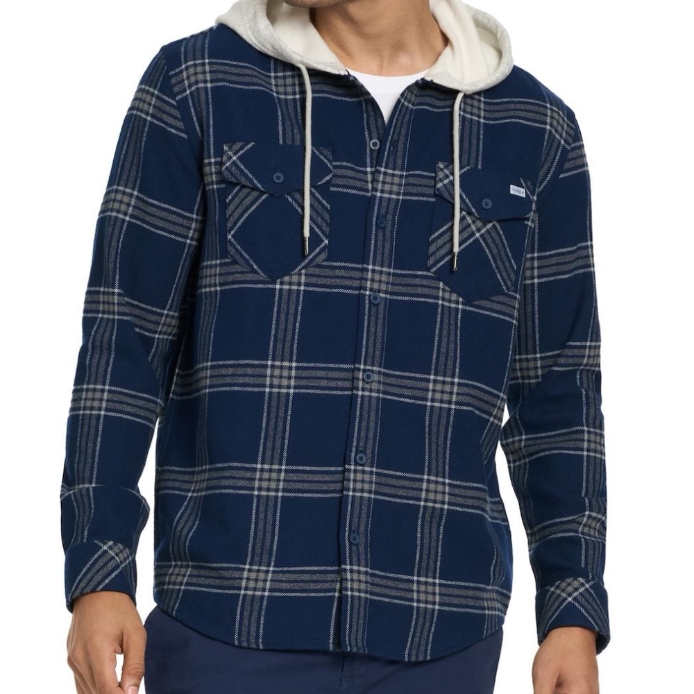Hurley NWT Hooded Flannel Button Up, size L, Midnight Aqua